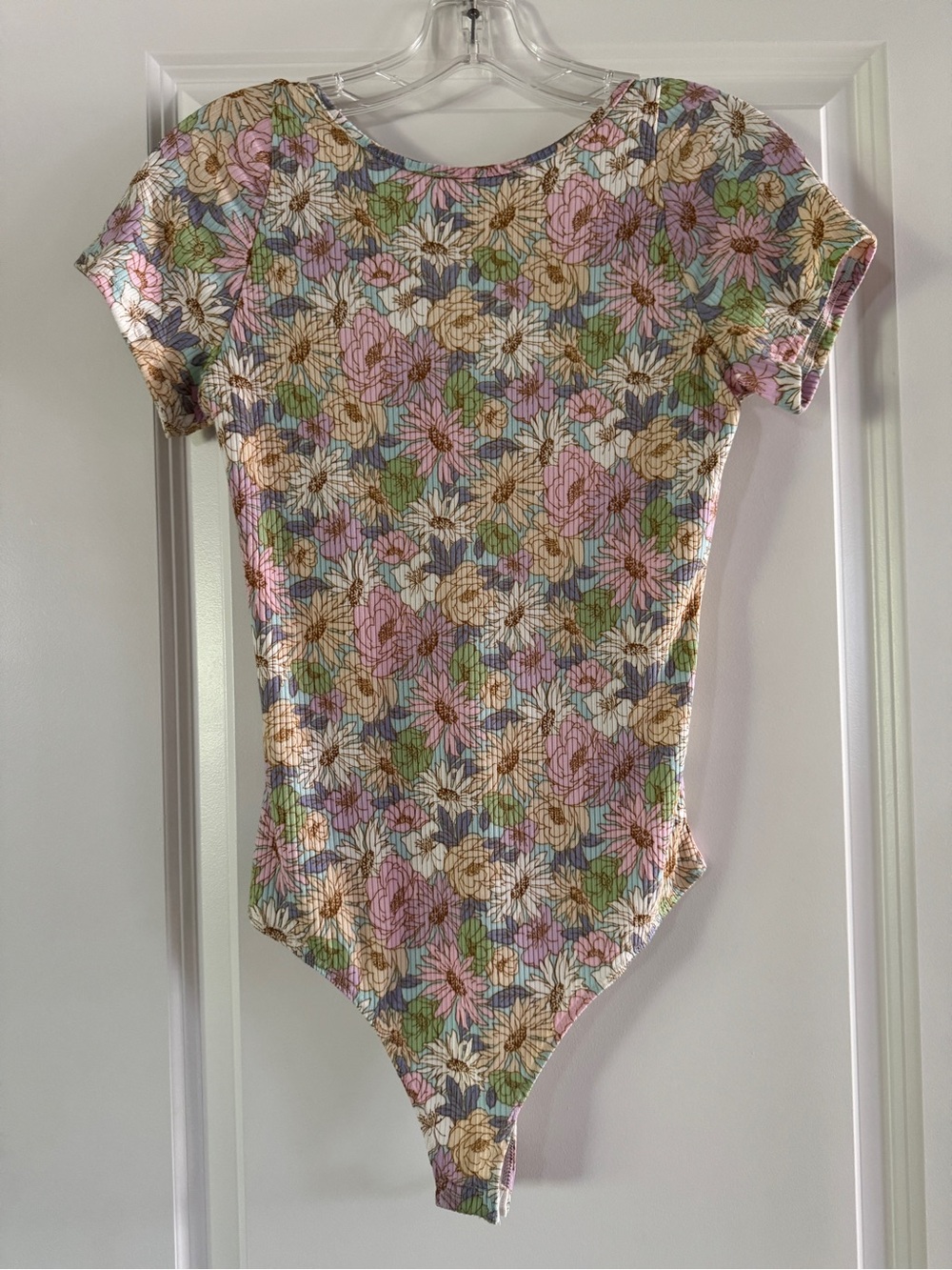 Le Lis Floral Ribbed Short-Sleeve Bodysuit, Open Back